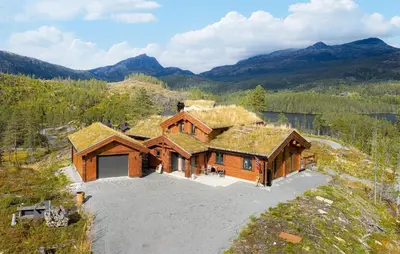 an overhead view of a log cabin with a grass roof at 5 Bedroom Beautiful Home In Tuddal in Tuddal