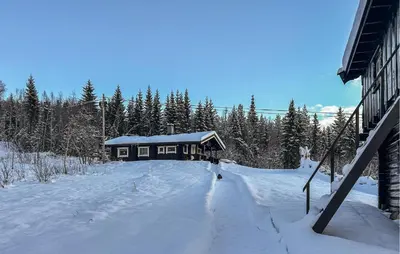 a log cabin in the snow with snow covered trees at Awesome Home In Nybergsund With Wifi in Nybergsund