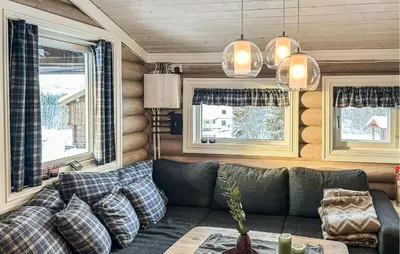 a living room with a couch and two windows at Awesome Home In Nybergsund With Wifi in Nybergsund