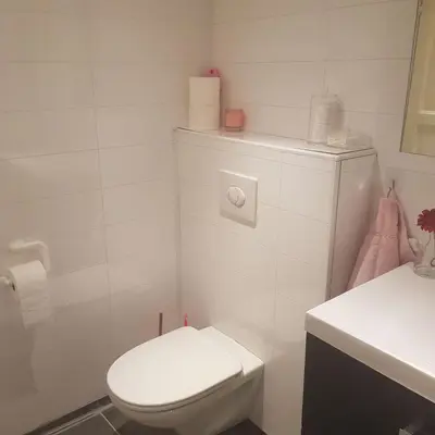 a white bathroom with a toilet and a sink at Cosy living room, bedroom and bathroom and kitchen area in Kolavåg
