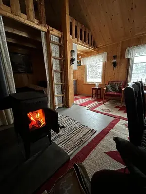 a living room with a fireplace in a house at Cozy Off-Grid Cabin - No Power, No Running Water