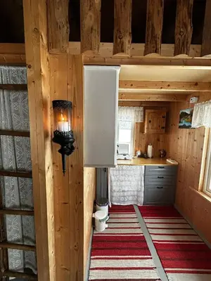 a small kitchen with wooden walls and a large rug at Cozy Off-Grid Cabin - No Power, No Running Water