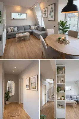 a living room and dining room of a house at central apartment in Bergen and pet friendly in Bergen