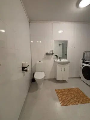 a white bathroom with a toilet and a sink at Moderne leilighet med 2 soverom for jobb og ferie in Raufoss