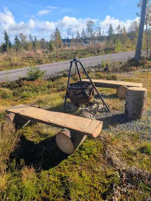 a wooden skateboard sitting on the side of a road at Modern cabin with jacuzzi near Trysil alpine in Trysil