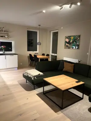 a living room with a green couch and a table at New modern apartment, close to airport in Bergen