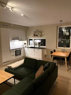 a living room with a green couch and a kitchen at New modern apartment, close to airport in Bergen
