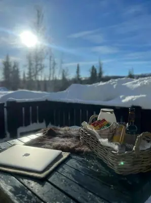 a picnic table with a laptop and a basket of alcohol at Mountain Cabin With Cinema Near Synnfjellporten in Nord Torpa
