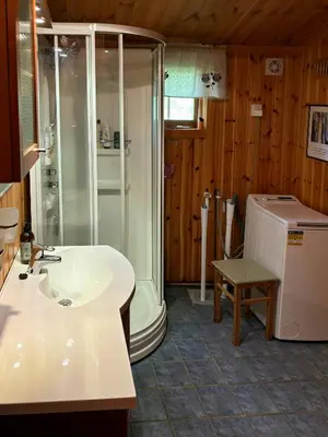 a bathroom with a sink and a shower at Mountain Cabin By Femunden Facing Sølen in Nymoen