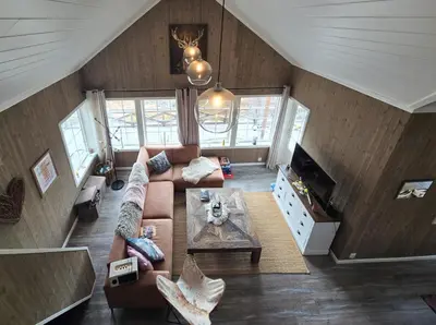 an overhead view of a living room with a couch at Mountain Cabin With Ski Access In Høgevarde in Flå