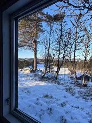 a window view of a snow covered field with trees at Handmade Cabin By Pond On Golsfjellet in Gol