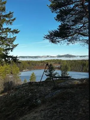 a sign on the side of a river with trees at Handmade Cabin By Pond On Golsfjellet in Gol