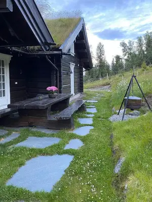 a log cabin with a grass roof and a walkway at Log Cabin With A View At Golsfjellet in Gol