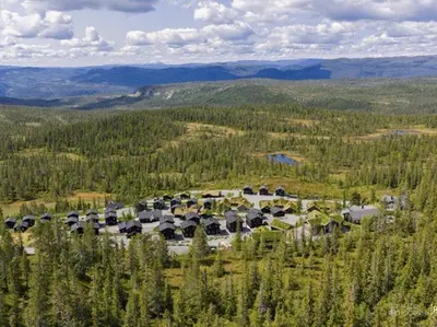 an aerial view of a building in the middle of a forest at New Cabin At Norefjell With Mountain Panorama in Noresund