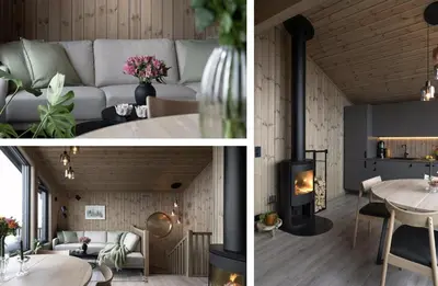 a living room with a couch and a fireplace at New Cabin At Norefjell With Mountain Panorama in Noresund
