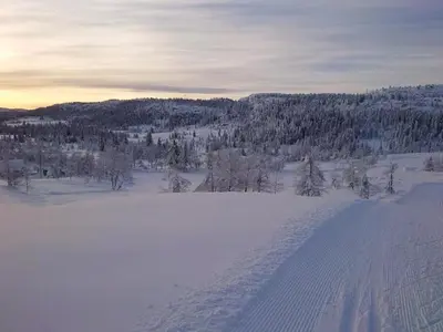 a snow covered hill with trees in the distance at Log Cabin With Panoramic Views At Skeikampen in Svingvoll