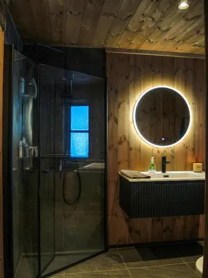 a bathroom with a shower and a sink and a mirror at Cabin With Sauna And Views Over Hallingdal in Flå