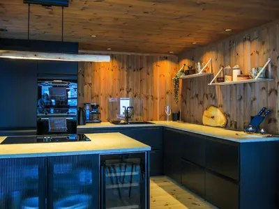 a kitchen with blue cabinets and wooden walls at Cabin With Sauna And Views Over Hallingdal in Flå