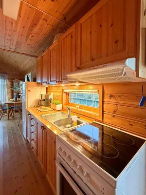 a kitchen with a sink and a stove top oven at Cabin On Hilltop With Beach And Sea Views in Bekkjarvik