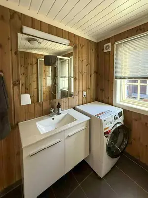 a bathroom with a washing machine and a sink at Cabin Near Ski Trails In Tempelseter in Eggedal