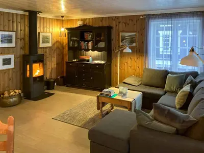 a living room with a couch and a fireplace at Cabin Near Ski Trails In Tempelseter in Eggedal