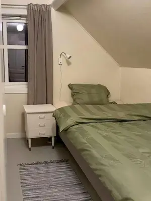 a bedroom with a green bed and a window at Seafront House From 1952 With Views In Veivåg in Bekkjarvik