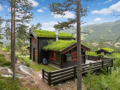a house with a grass roof on top of it at Charming cabin by Hallingskarvet ski center in Hol