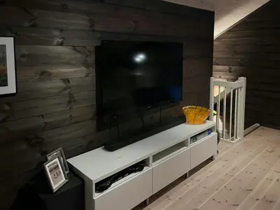 a large flat screen tv on a wooden wall at Moderne Og Koselig Hytte På Hardangervidda in Garden