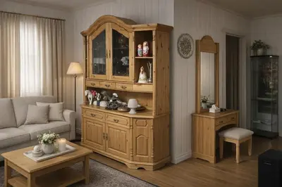 a large wooden hutch in a living room at Grandma Guest House, Rena Near Ski, Biking, River summer camp in Åmot