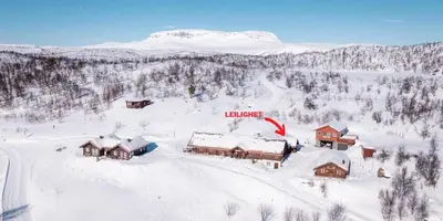 an aerial view of a lodge in the snow at Leilighet på fjellet nær Geilo in Hol