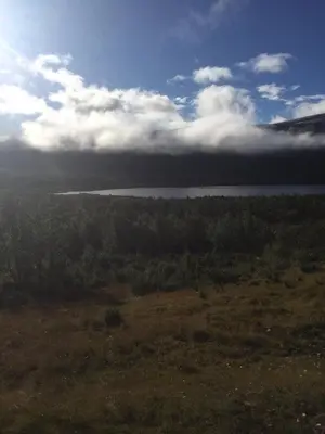 a view of a body of water with clouds in the sky at Live in the realm of the musk oxen on Dovrefjell in Hjerkinn