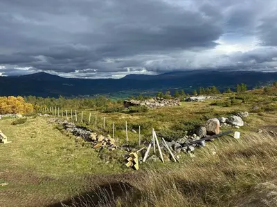 a field with a fence and a rock wall at Sits in the middle of Reinheimen and Dovrefjell Rondane in Dombås