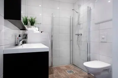 a bathroom with a shower and a toilet and a sink at Spacious 2-room in the city center, easy access to everything in Ålesund