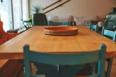 a wooden table with a box on top of it at Close to cross-country skiing, slalom slope and mountains - Soltun Geilo! in Hol