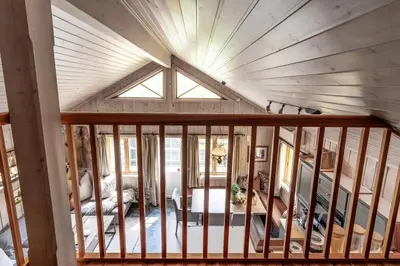an overhead view of a room with a wooden ceiling at Cozy ski in & out cabin Hemsedal in Hemsedal