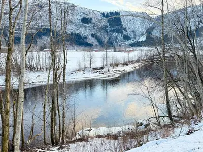 a river with snow on the ground and trees at Pellan in Surnadal