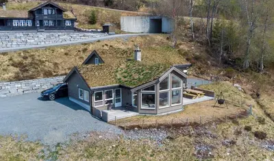 an overhead view of a house with a grass roof at High standard, large cabin with amazing view in Stryn