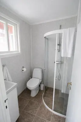 a bathroom with a toilet and a shower in it at Eide Apartments Odda in Odda