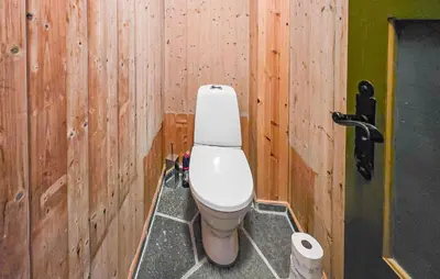 a bathroom with a toilet in a wooden wall at Beautiful Home In Lampeland With Sauna in Lampeland