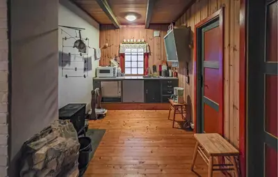 a kitchen with a fireplace and a stove in a room at Beautiful Home In Lampeland With Sauna in Lampeland