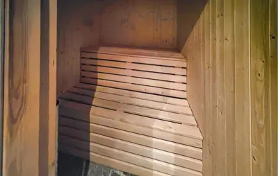 a wooden sauna with a wooden floor in a room at Beautiful Home In Lampeland With Sauna in Lampeland