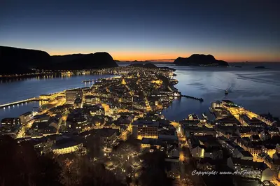 an aerial view of a city at night at Alnes Gård in Ålesund