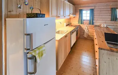 a kitchen with a white refrigerator and wooden cabinets at Nice Home In Rendalen With House A Panoramic View in Rendalen