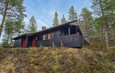 a black house sitting on top of a hill at Nice Home In Rendalen With House A Panoramic View in Rendalen