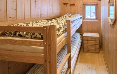 two bunk beds in a cabin with a window at Nice Home In Rendalen With House A Panoramic View in Rendalen