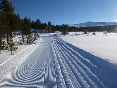 a snow covered road with tire tracks in the snow at Sjodalen Hyttetun og Camping in Stuttgongfossen