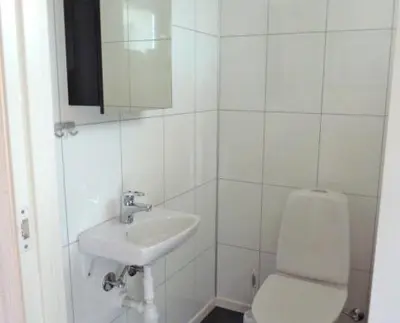 a white bathroom with a toilet and a sink at Hagland Lille Haugesund 8x Ferienhaus incl Motorboot in Hagland