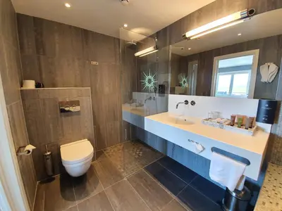 a bathroom with a toilet and a sink and a mirror at Røros Hotell - Bad & Velvære in Røros