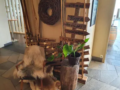 a dog sitting in a chair next to a plant at Røros Hotell - Bad & Velvære in Røros