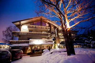a building with a tree in the snow at Skogstad Hotel - Unike Hoteller in Hemsedal